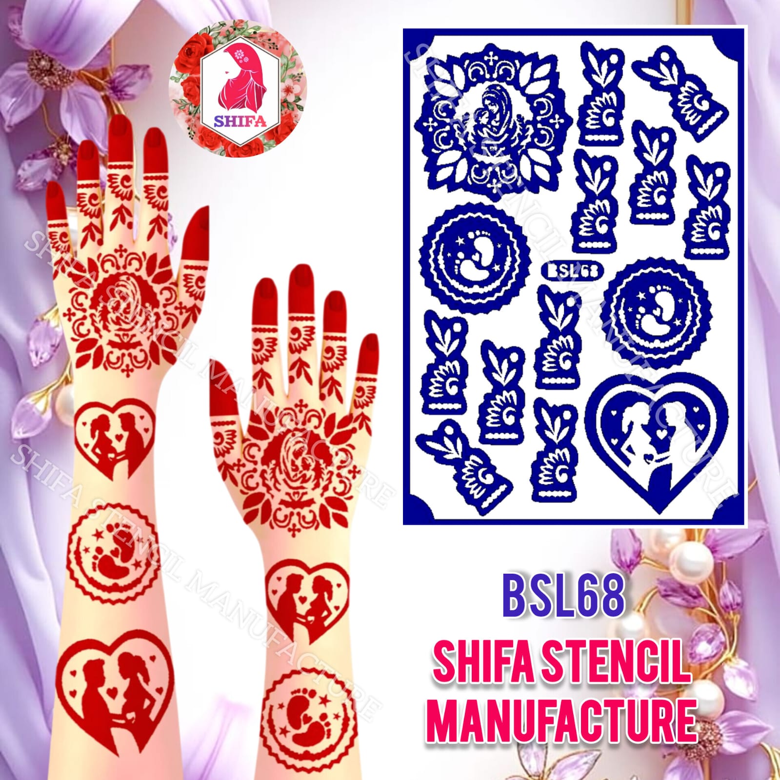 BSL 68 Father & Mother Themed Baby shower design Sticker Overview  Henna Stencil - Shifa Stencil